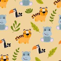 Seamless patterns with hand drawn animals. Tiger, hippo and toucan. vector