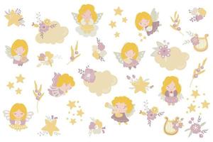 A set of cute angels, flowers, stars, clouds, and harps. White background, isolate. Vector illustration