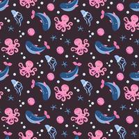 Seamless pattern with octopus, whales and jellyfish. Hand-drawn style. vector