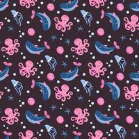 Seamless pattern with octopus, whales and jellyfish. Hand-drawn style. vector