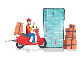 pedido en línea y entrega por concepto de scooter con cajas y localizador de mapas en un teléfono móvil vector