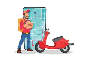 Food delivery man with scooter holding fast food box on mobile phone background. Fast food delivery service in cartoon design concept vector illustration.