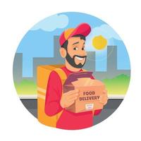 Food delivery man holding fast food box on city background. Fast food delivery service in cartoon design concept vector illustration.