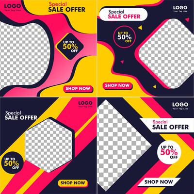 set Social media story templates for special offers and discounts. Color interactive abstract promotion web banner poster for mobile app. Geometric layout frame background pattern for photo products.