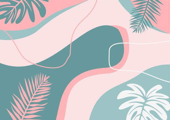 green pink pastel color background. with abstract elements and creative tropical plants, modern trendy, social media templates