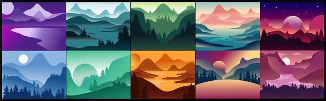 ilustración vectorial conjunto de paisajes de montaña en un estilo plano. papeles pintados naturales. minimalismo orgánico. amanecer, terreno brumoso con pendientes, montañas cerca del bosque. cielo limpio vector