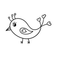 Cute bird with feathers in the shape of a heart. Decorative design element for Valentine's Day. Simple outline illustration drawn by hand and isolated on a white background. Black white vector. vector