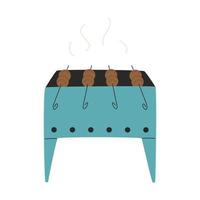 Barbecue with kebabs on skewers. Grilled meat on coals. Food cooked at a picnic, camping, hiking, traveling. A dish of Caucasian cuisine. Flat vector illustration isolated on a white background.