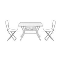 Doodle Camping folding table and chairs. Tourist furniture for picnics, outdoor recreation, rest in nature. Outline hand-drawn black and white vector illustration isolated on a white background.