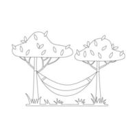 Doodle hammock stretched between the trees. Outdoor recreation, camping. Outline black and white vector illustration isolated on a white background.