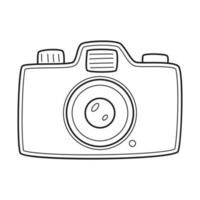 Doodle SLR camera. A photographic device with zoom and flash. A symbol of travel, adventure. Outline black and white vector illustration isolated on a white background.