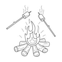 Doodle A wood-burning bonfire and fried marshmallows on sticks. Picnic, hiking, camping, tourism. Outline black and white vector illustration isolated on a white background.