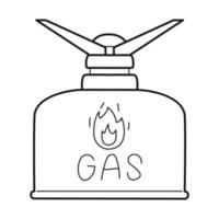Doodle Gas cylinder and gas burner. Camping Outdoor Stove. Equipment for cooking in hiking, traveling, camping. Tourist inventory. Outline black and white vector illustration isolated on white.