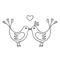 Lovebirds kiss. A couple of birds in love. Simple decorative design element. The outline illustration is hand-drawn, isolated on a white background. Black white vector. vector