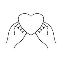 Valentine card in his hands. Hands holding the heart. Decorative element for Valentine's Day. Outline design object is drawn by hand and isolated on a white background. Black white vector illustration