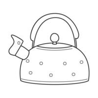 Doodle Red polka dot teapot with lid and whistle. Kitchen equipment, utensils for camping, picnic, cooking on gas or fire. Outline black and white vector illustration isolated on a white background.