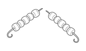 barbacoa de garabatos en brochetas. carne asada a las brasas. comida preparada en camping, senderismo, viajes, picnic. un plato de cocina caucásica. esbozar ilustración vectorial en blanco y negro aislada en blanco. vector