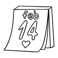 A calendar sheet with the date February 14. Decorative element for Valentine's Day. A simple outline design object is drawn by hand and isolated on a white background.Black white vector illustration.