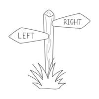 Doodle wooden forest signboard, signposts, guideposts with a pointer - left and right. Shows the direction. The path pointer. Outline black and white vector illustration isolated on a white background