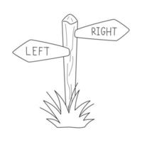 Doodle wooden forest signboard, signposts, guideposts with a pointer - left and right. Shows the direction. The path pointer. Outline black and white vector illustration isolated on a white background