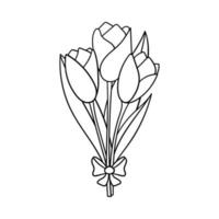A bouquet of tulips with leaves and a bow. Decorative element for Valentine's Day. A simple outline design object is drawn by hand and isolated on white. Doodle style.Black white vector illustration