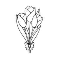 A bouquet of tulips with leaves and a bow. Decorative element for Valentine's Day. A simple outline design object is drawn by hand and isolated on white. Doodle style.Black white vector illustration