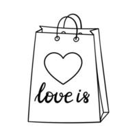 Gift bag with a heart. Decorative element for Valentine's Day. A simple single outline design object is drawn by hand and isolated on a white background. Black white vector illustration.Doodle style