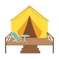 carpa glamping con guirnalda, mesa y silla en la terraza. camping glamoroso en la naturaleza. para tarjetas, web. símbolo de camping, recreación al aire libre, turismo. ilustración vectorial plana aislada en blanco vector