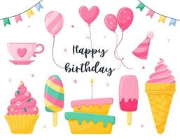 A set of festive elements and sweets. Birthday cake, balloons, cupcake, popsicle. Sweet food, dessert. Vector illustrations in a flat, cartoon style. isolated on a white background.