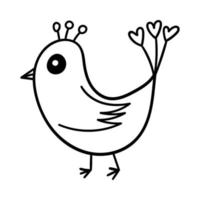 Cute bird with feathers in the shape of a heart. Decorative design element for Valentine's Day. Simple outline illustration drawn by hand and isolated on a white background. Black white vector. vector