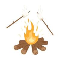 A wood-burning bonfire and fried marshmallows on sticks. Picnic, hiking, camping, tourism. Flat vector illustration isolated on a white background.