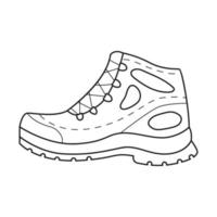Doodle Hiking shoes. A blue shoe for tourist trips with a special tread on the sole. Equipment for tourism, travel, picnic, hiking, sports.Outline black and white vector illustration isolated on white