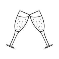 Champagne glasses clink together. Decorative element for Valentine's Day. A simple single outline design object is drawn by hand and isolated on a white background. Black white vector illustration.