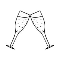 Champagne glasses clink together. Decorative element for Valentine's Day. A simple single outline design object is drawn by hand and isolated on a white background. Black white vector illustration.