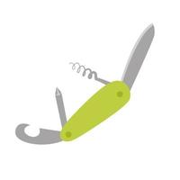 Swiss knife, multitool, multifunctional pocket knife. Equipment for fishing, tourism, travel, camping, hiking. Flat vector illustration isolated on a white background.