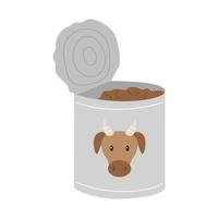 An open tin can with beef stew. Food, dry rations for field conditions, camping, hiking, traveling. Flat vector illustration isolated on a white background.