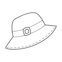 Doodle Yellow panama. Summer sun hat. Headdress. Personal accessory for hiking, tourism, travel, vacation. Outline black and white vector illustration isolated on a white background.