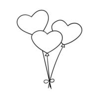 Three balloons in the shape of a heart. Decorative element for Valentine's Day. A simple outline design object is drawn by hand and isolated on white. Doodle style.Black and white vector illustration