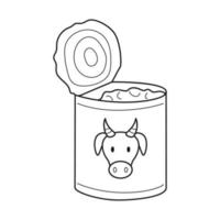 Doodle An open tin can with beef stew. Food, dry rations for field conditions, camping, hiking, traveling. Outline black and white vector illustration isolated on a white background.