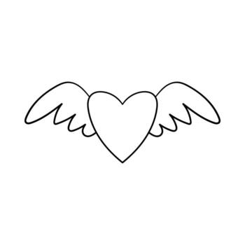 un corazón con alas. elemento decorativo para el día de san valentín. un simple objeto de diseño de un solo contorno se dibuja a mano y se aísla en un fondo blanco. estilo illustration.doodle vector blanco y negro.