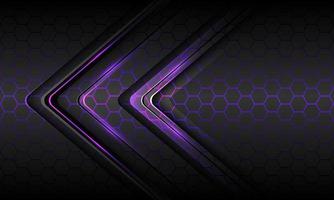 Abstract purple light black thin arrow direction geometric on grey hexagon mesh pattern design modern luxury futuristic technology background vector