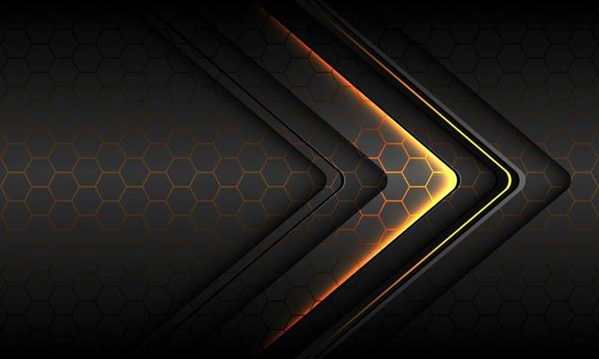 Abstract yellow light black thin arrow direction geometric on silver hexagon mesh pattern design modern luxury futuristic technology background vector