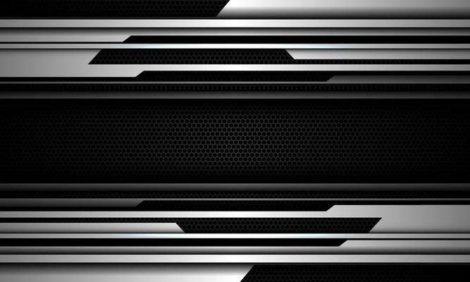 Abstract silver cyber grey metallic geometric on black hexagon mesh design modern technology futuristic background vector