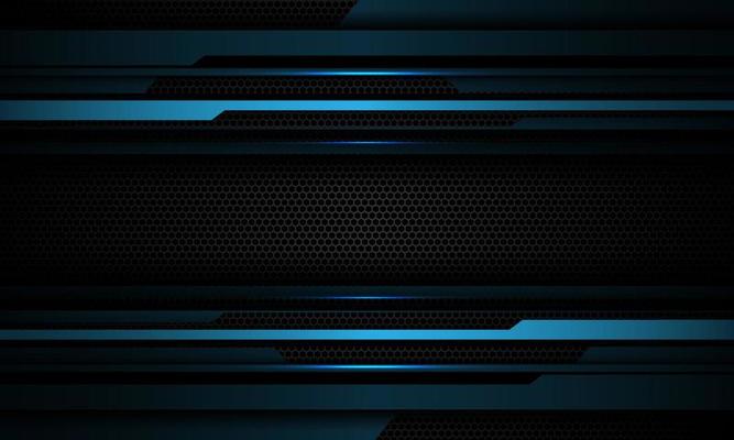 Abstract blue cyber grey metallic geometric on black hexagon mesh design modern technology futuristic background vector