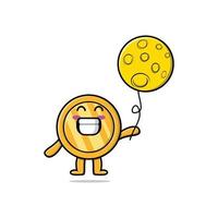 Cute cartoon gold coin floating with moon balloon vector