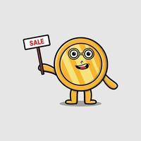 Cute cartoon gold coin character holding sale sign vector