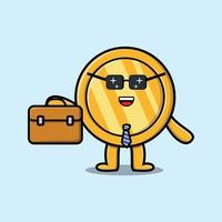 cartoon gold coin businessman holding suitcase vector
