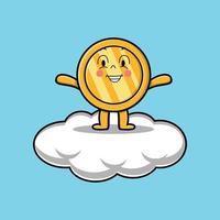 lindo personaje de moneda de oro de dibujos animados de pie en la nube vector