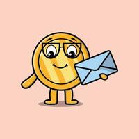 Cute cartoon gold coin holding envelope character vector