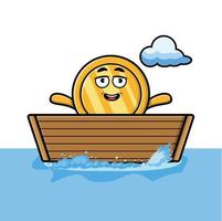 cute cartoon gold coin get on boat character vector